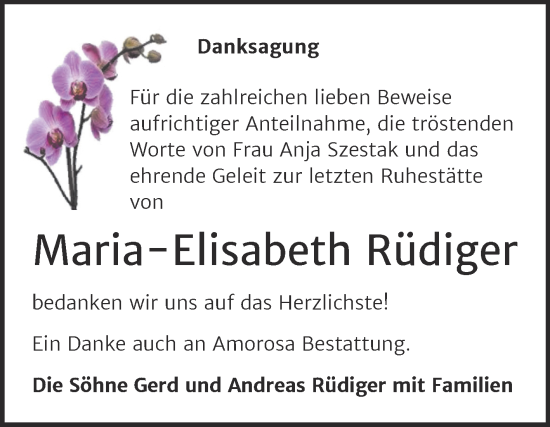 Traueranzeige von Maria-Elisabeth Rüdiger von Trauerkombi Dessau