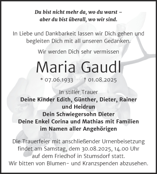 Traueranzeige von Maria Gaudl von Trauerkombi Bitterfeld