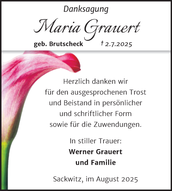 Traueranzeige von Maria Grauert von Trauerkombi Wittenberg