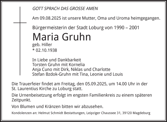 Traueranzeige von Maria Gruhn von Volksstimme Burg/Genthin