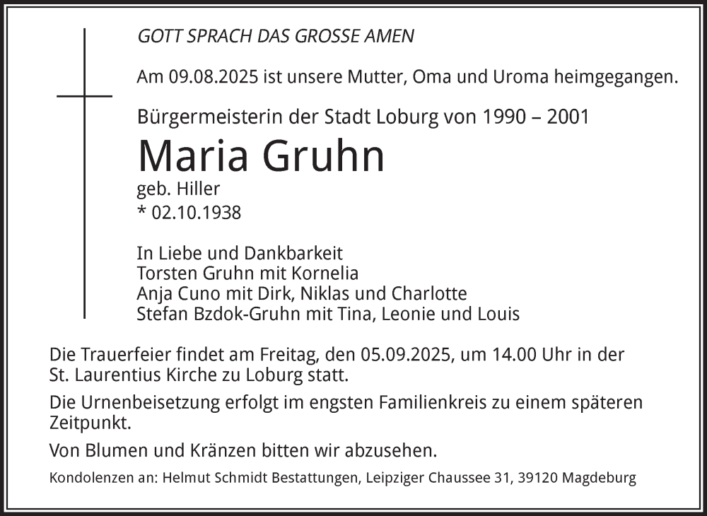  Traueranzeige für Maria Gruhn vom 23.08.2025 aus Volksstimme Burg/Genthin