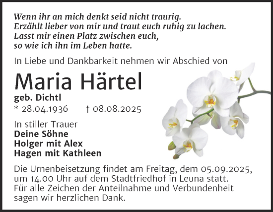 Traueranzeige von Maria Härtel von Trauerkombi Merseburg