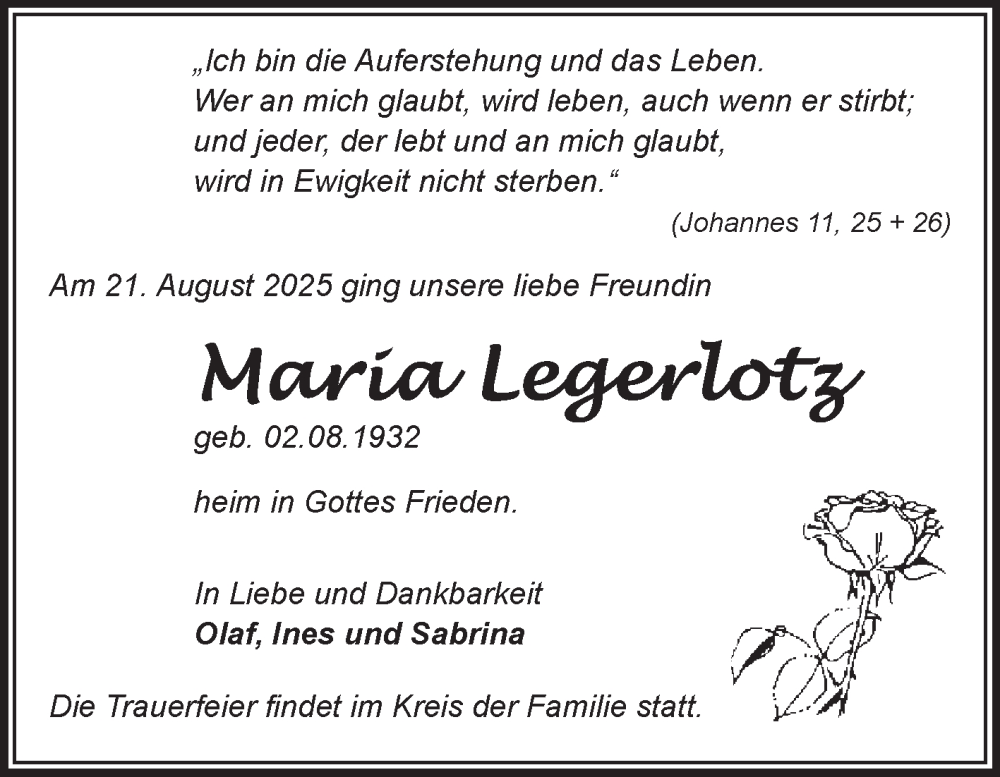  Traueranzeige für Maria Legerlotz vom 30.08.2025 aus Volksstimme Magdeburg