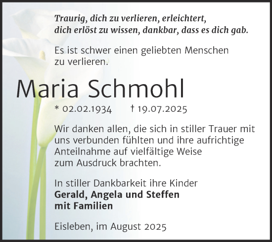 Traueranzeige von Maria Schmohl von Trauerkombi Mansfelder Land