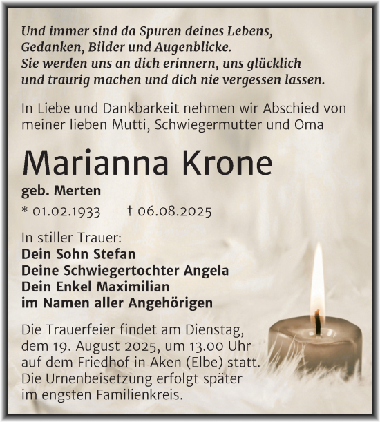 Traueranzeige von Marianna Krone von Trauerkombi Köthen