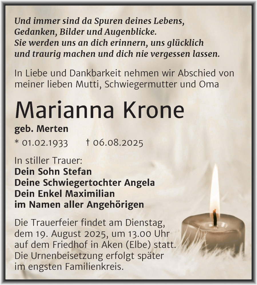  Traueranzeige für Marianna Krone vom 12.08.2025 aus Trauerkombi Köthen