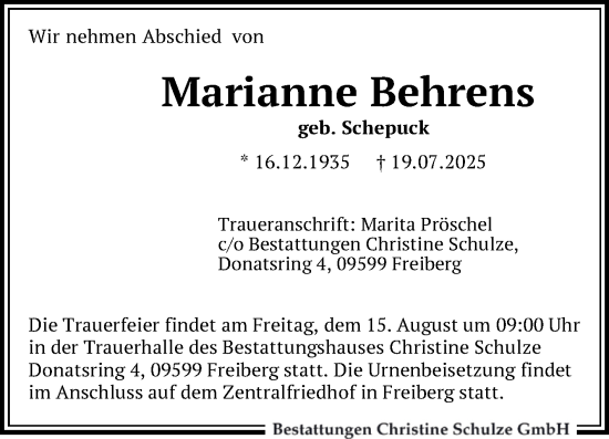 Traueranzeige von Marianne Behrens von Volksstimme Oschersleben/Wanzleben