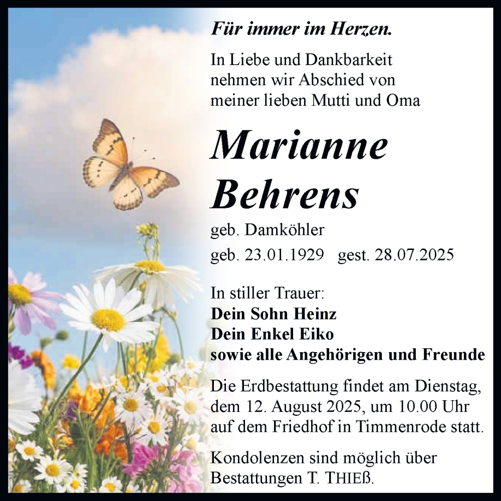  Traueranzeige für Marianne Behrens vom 09.08.2025 aus Volksstimme Wernigerode