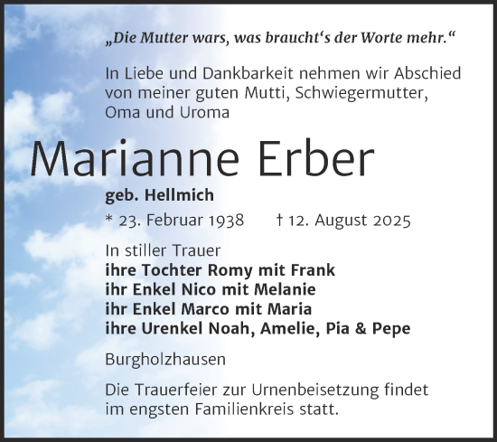 Traueranzeige von Marianne Erber von Super Sonntag Naumburg/Nebra