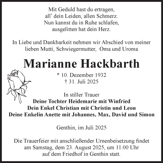 Traueranzeige von Marianne Hackbarth von Volksstimme Burg/Genthin