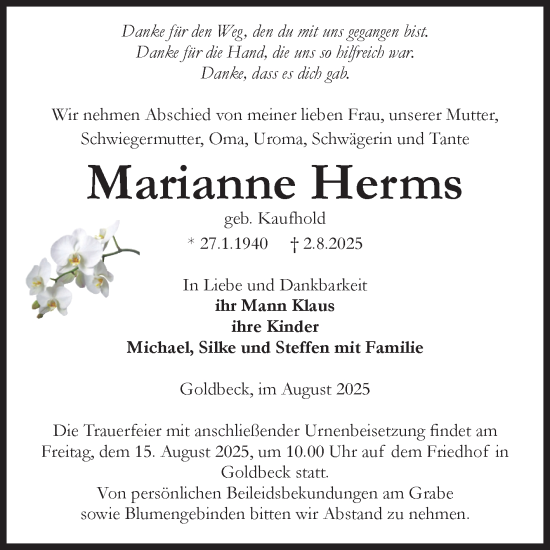 Traueranzeige von Marianne Herms von Volksstimme Altmark Ost