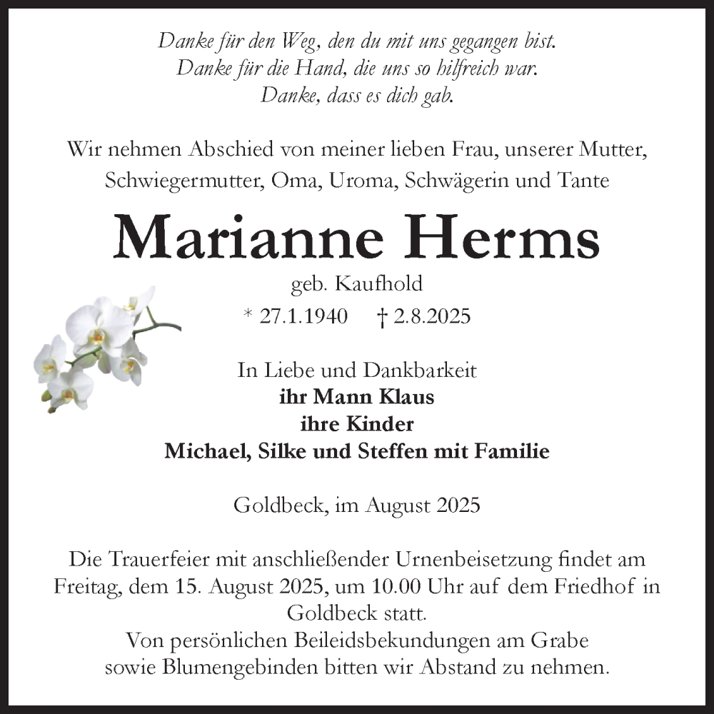  Traueranzeige für Marianne Herms vom 08.08.2025 aus Volksstimme Altmark Ost