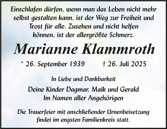 Traueranzeige von Marianne Klammroth von Trauerkombi Aschersleben