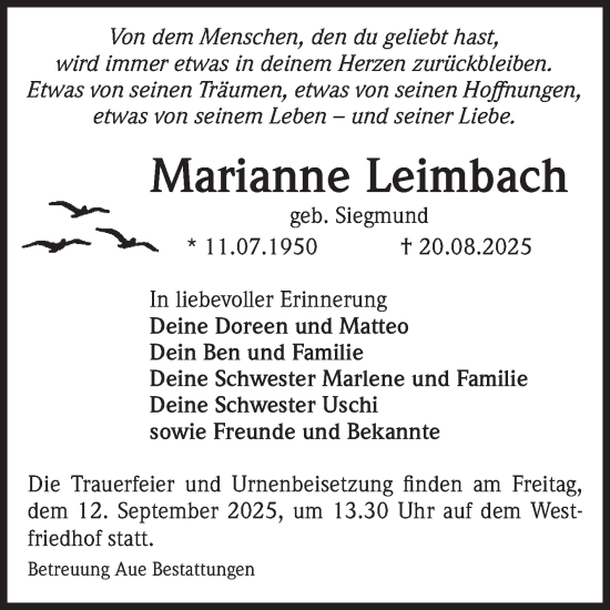 Traueranzeige von Marianne Leimbach von Volksstimme Magdeburg