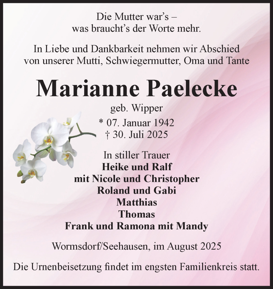  Traueranzeige für Marianne Paelecke vom 09.08.2025 aus Volksstimme Oschersleben/Wanzleben