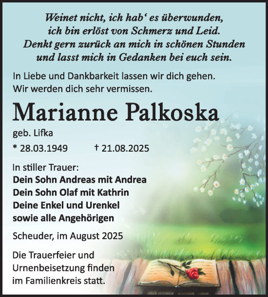 Traueranzeige von Marianne Palkoska von Trauerkombi Köthen