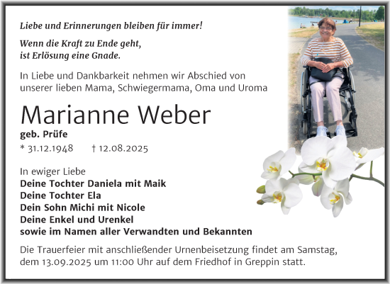 Traueranzeige von Marianne Weber von Trauerkombi Bitterfeld