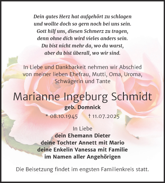 Traueranzeige von Marianne Ingeburg Schmidt von Trauerkombi Köthen