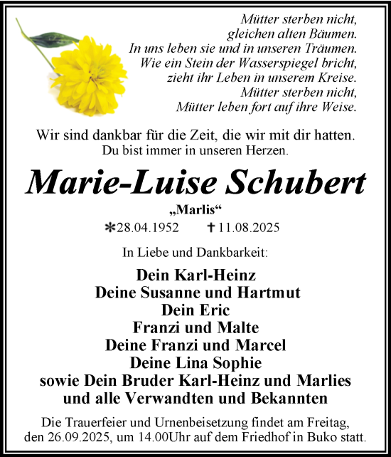 Traueranzeige von Marie-Luise Schubert von Trauerkombi Wittenberg