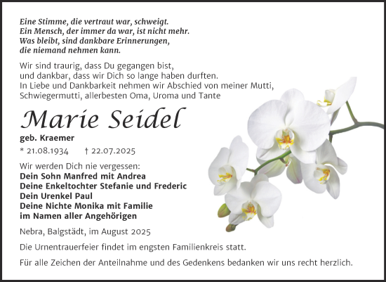 Traueranzeige von Marie Seidel von Super Sonntag Naumburg/Nebra