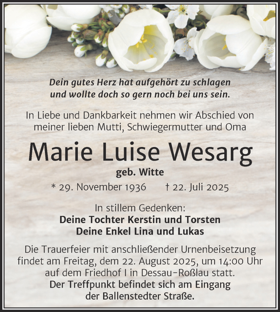  Traueranzeige für Marie Luise Wesarg vom 16.08.2025 aus Trauerkombi Dessau