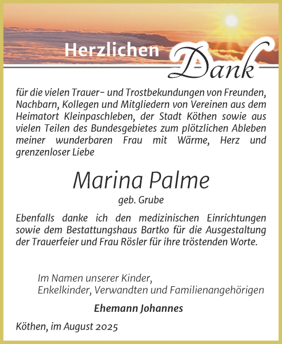 Traueranzeige von Marina Palme von Trauerkombi Köthen