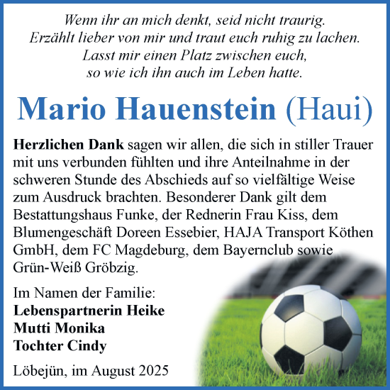 Traueranzeige von Mario Hauenstein von Trauerkombi Köthen