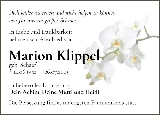 Traueranzeige von Marion Klippel von Mitteldeutsche Zeitung Halle/Saalkreis