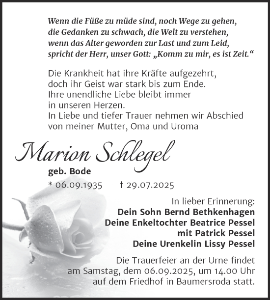 Traueranzeige von Marion Schlegel von Super Sonntag Naumburg/Nebra
