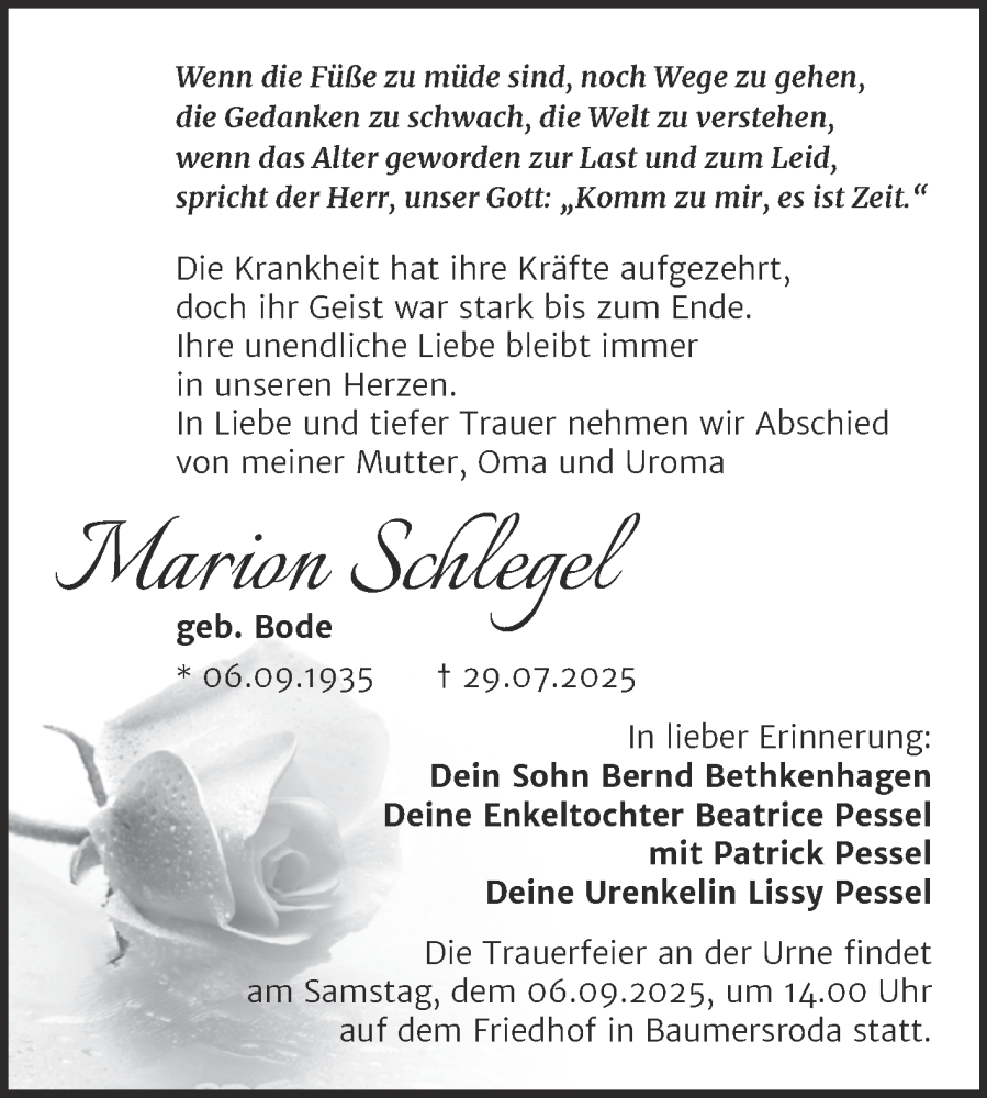  Traueranzeige für Marion Schlegel vom 09.08.2025 aus Super Sonntag Naumburg/Nebra