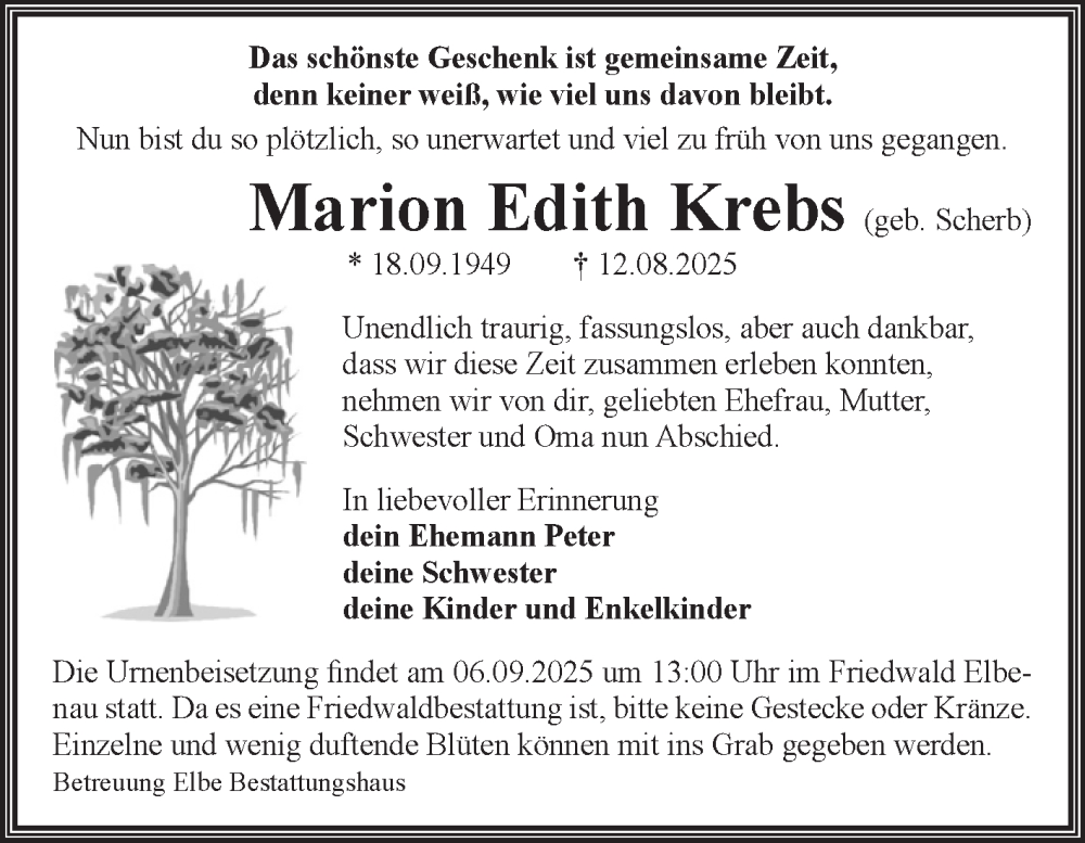  Traueranzeige für Marion Edith Krebs vom 30.08.2025 aus Volksstimme Magdeburg