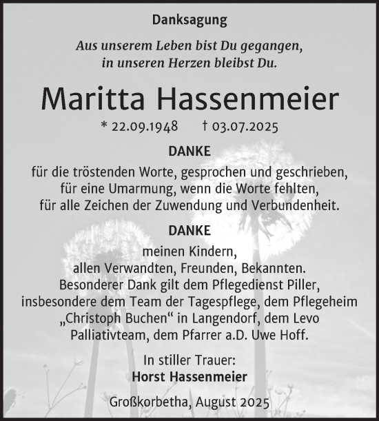 Traueranzeige von Maritta Hassenmeier von Trauerkombi Weißenfels