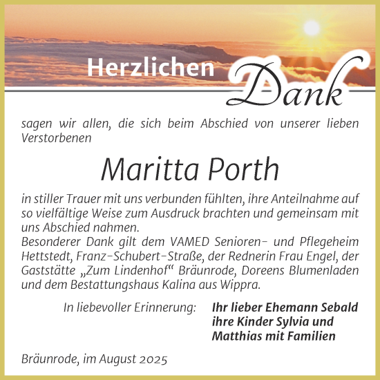 Traueranzeige von Maritta Porth von Trauerkombi Mansfelder Land