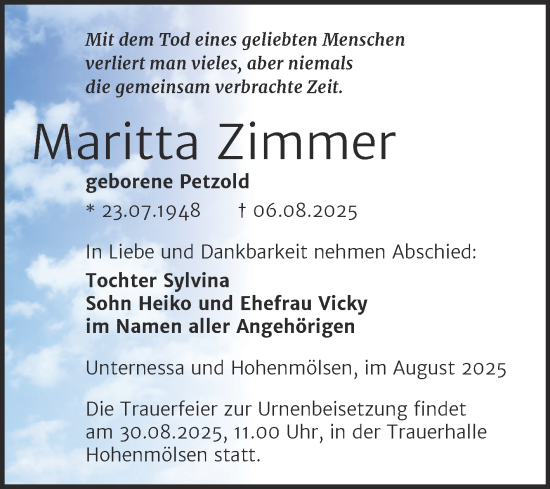 Traueranzeige von Maritta Zimmer von Trauerkombi Weißenfels