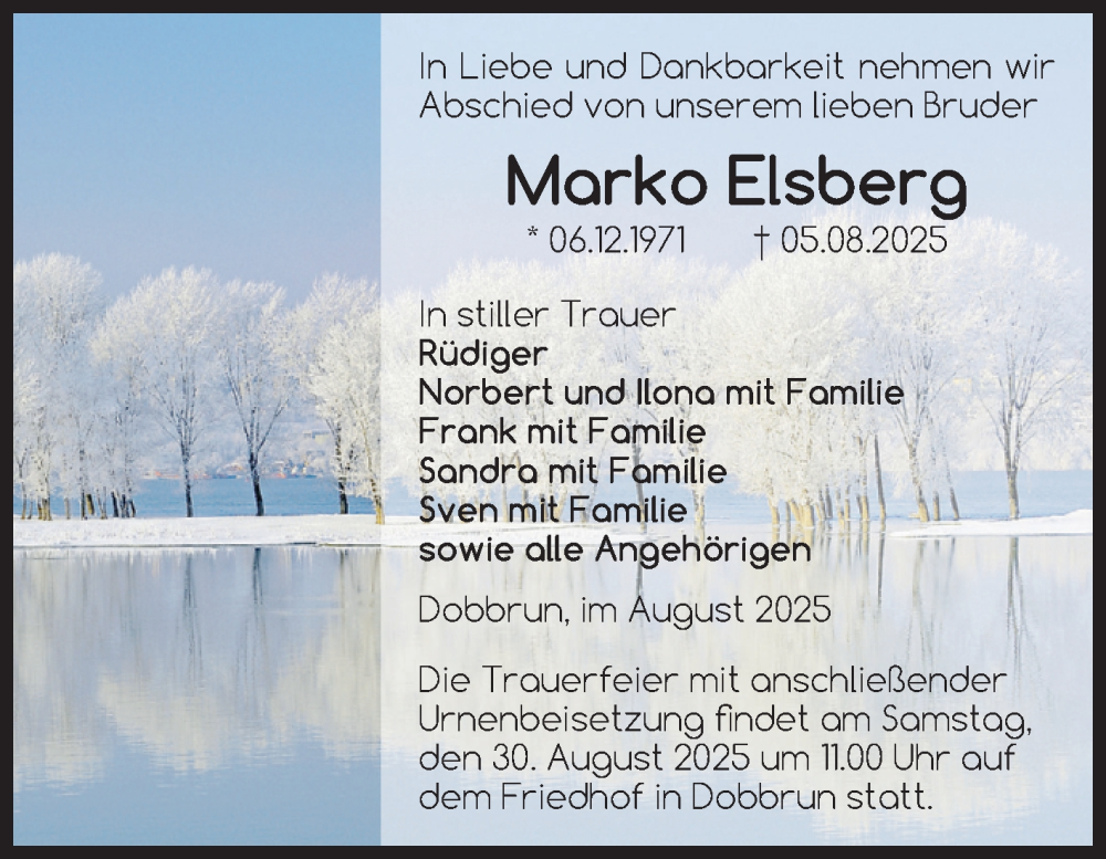  Traueranzeige für Marko Elsberg vom 23.08.2025 aus Volksstimme Altmark Ost