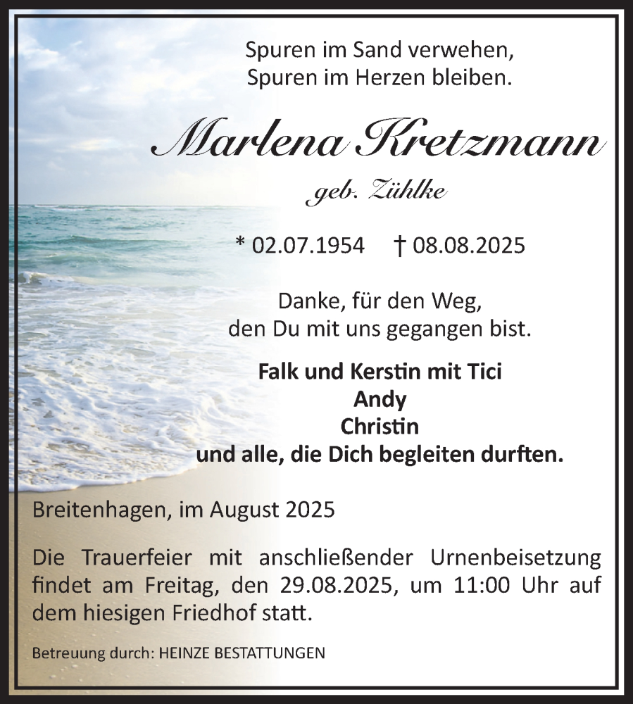  Traueranzeige für Marlena Kretzmann vom 16.08.2025 aus Volksstimme Schönebeck