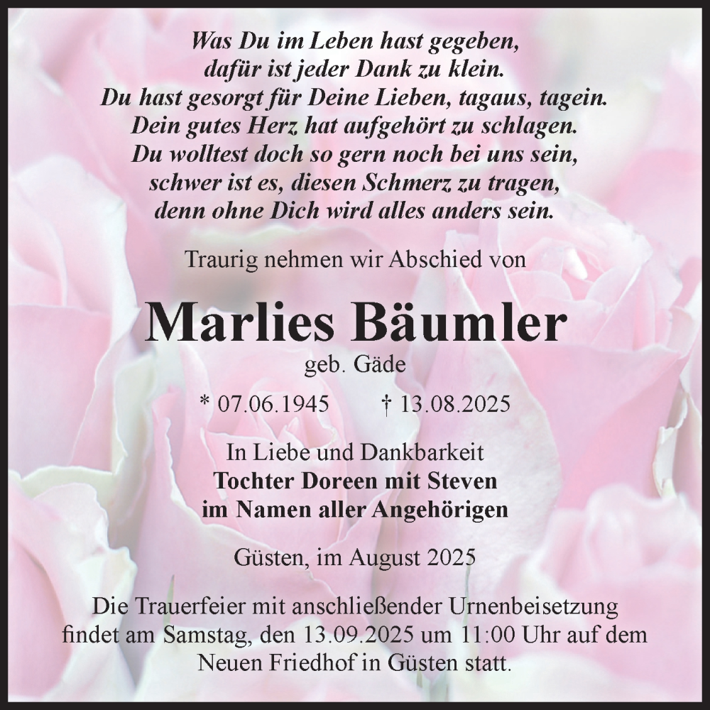  Traueranzeige für Marlies Bäumler vom 23.08.2025 aus 
