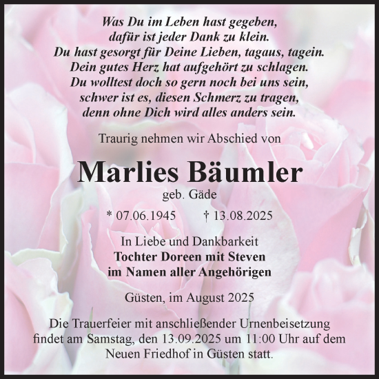 Traueranzeige von Marlies Bäumler 