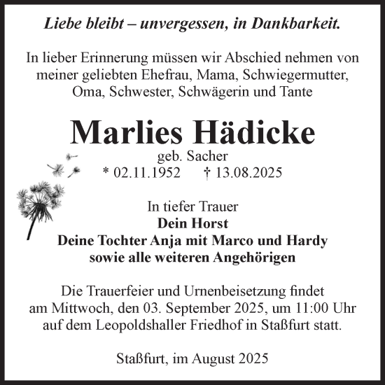Traueranzeige von Marlies Hädicke 