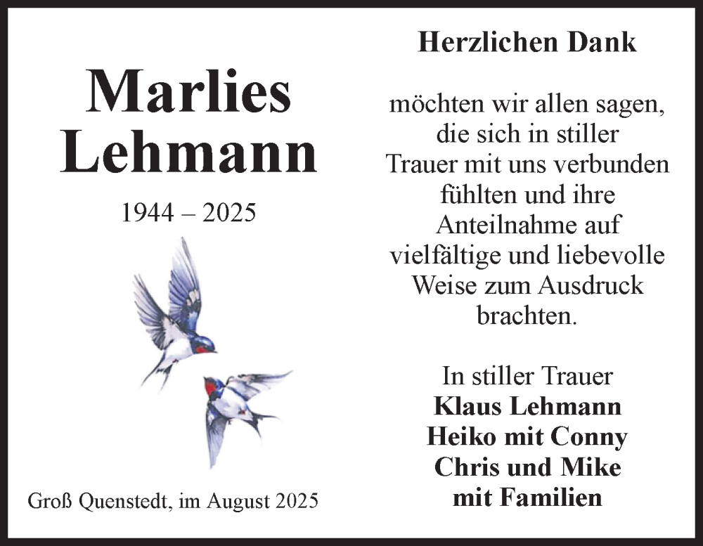  Traueranzeige für Marlies Lehmann vom 16.08.2025 aus Volksstimme Halberstadt