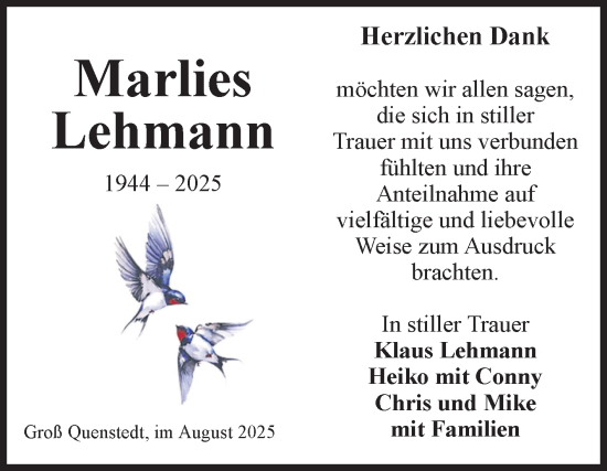 Traueranzeige von Marlies Lehmann von Volksstimme Halberstadt