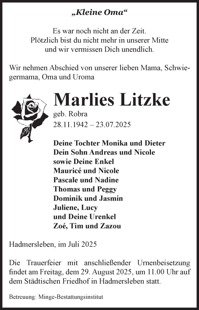  Traueranzeige für Marlies Litzke vom 09.08.2025 aus Volksstimme Oschersleben/Wanzleben