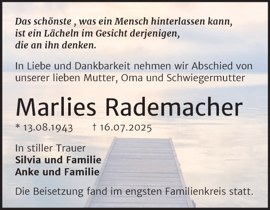 Traueranzeige von Marlies Rademacher von Trauerkombi Merseburg