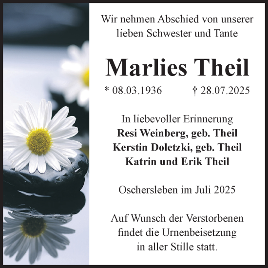 Traueranzeige von Marlies Theil von Volksstimme Oschersleben/Wanzleben