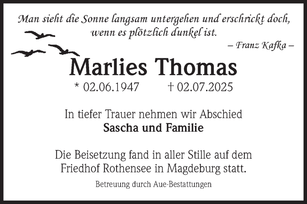  Traueranzeige für Marlies Thomas vom 02.08.2025 aus Volksstimme Magdeburg