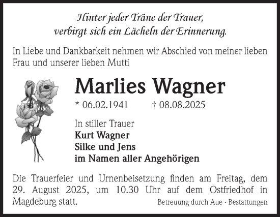 Traueranzeige von Marlies Wagner von Volksstimme Magdeburg