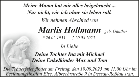 Traueranzeige von Marlis Hollmann von Trauerkombi Dessau