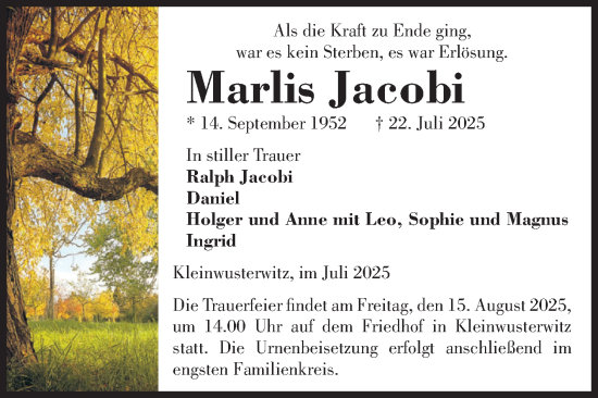 Traueranzeige von Marlis Jacobi von Volksstimme Burg/Genthin