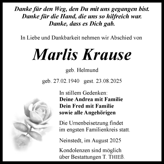 Traueranzeige von Marlis Krause von Trauerkombi Quedlinburg