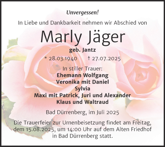 Traueranzeige von Marly Jäger von Trauerkombi Merseburg